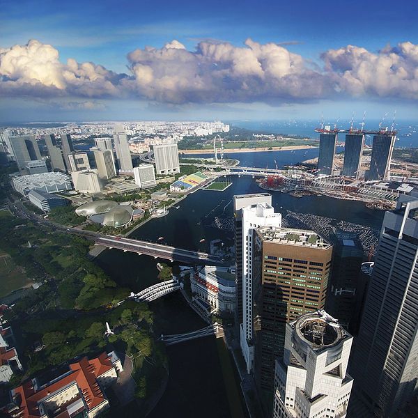 A view from Tian Fu Teahouse on the 60th floor of UOB Plaza 1. Suntec City, Singapore.