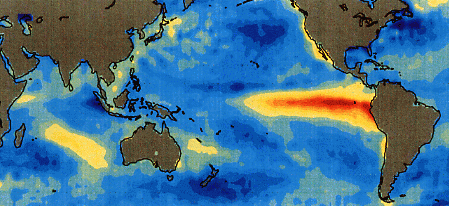 A depiction of an El Nino event in the pacific.